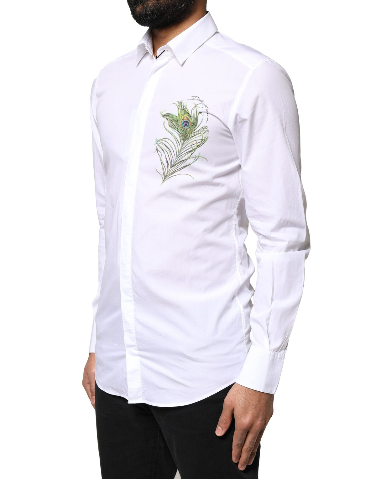 Chemise habillée en coton blanc à plumes de paon dorées Dolce &amp; Gabbana
