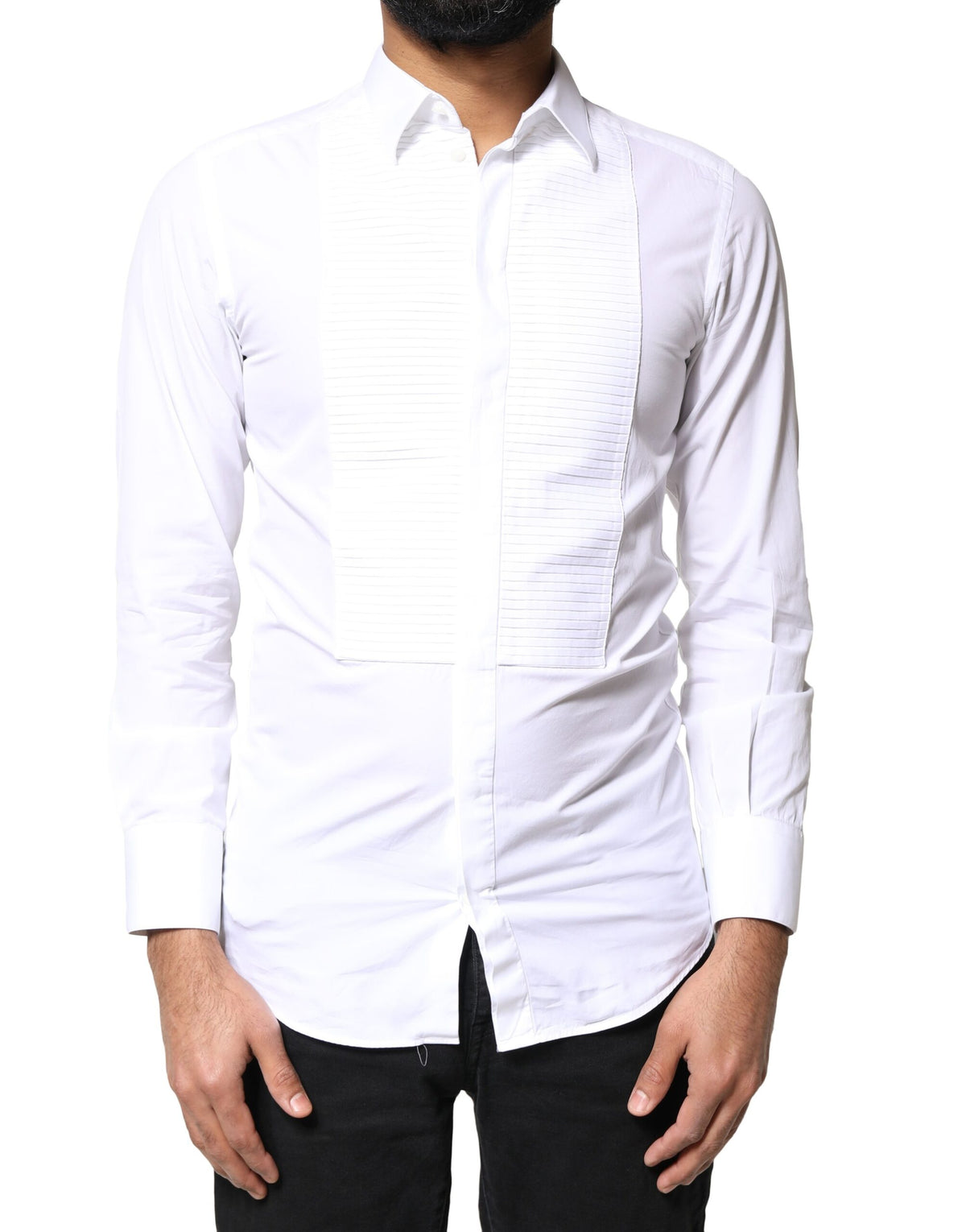 Chemise de ville pour homme Dolce &amp; Gabbana en popeline de coton blanc doré avec col montant.