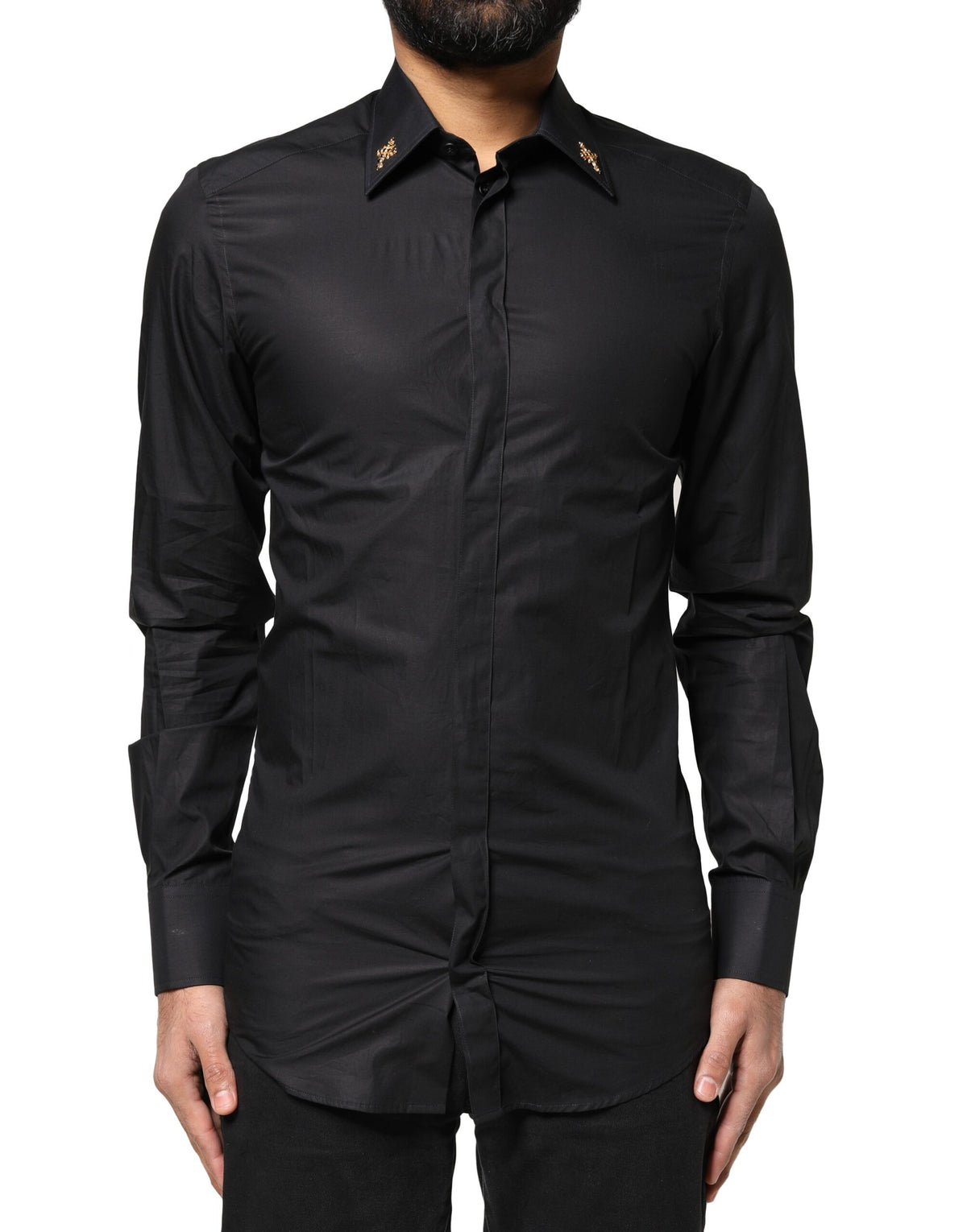 Chemise de ville homme Dolce &amp; Gabbana noire, ornée de croix dorées.