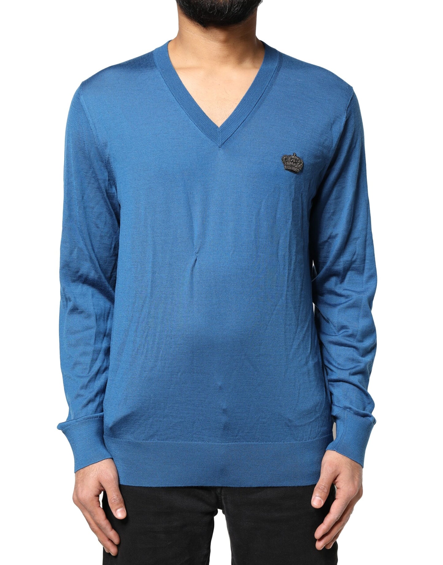 Dolce &amp; Gabbana Blauwe Cashmere Trui met V-hals en Kroonmotief