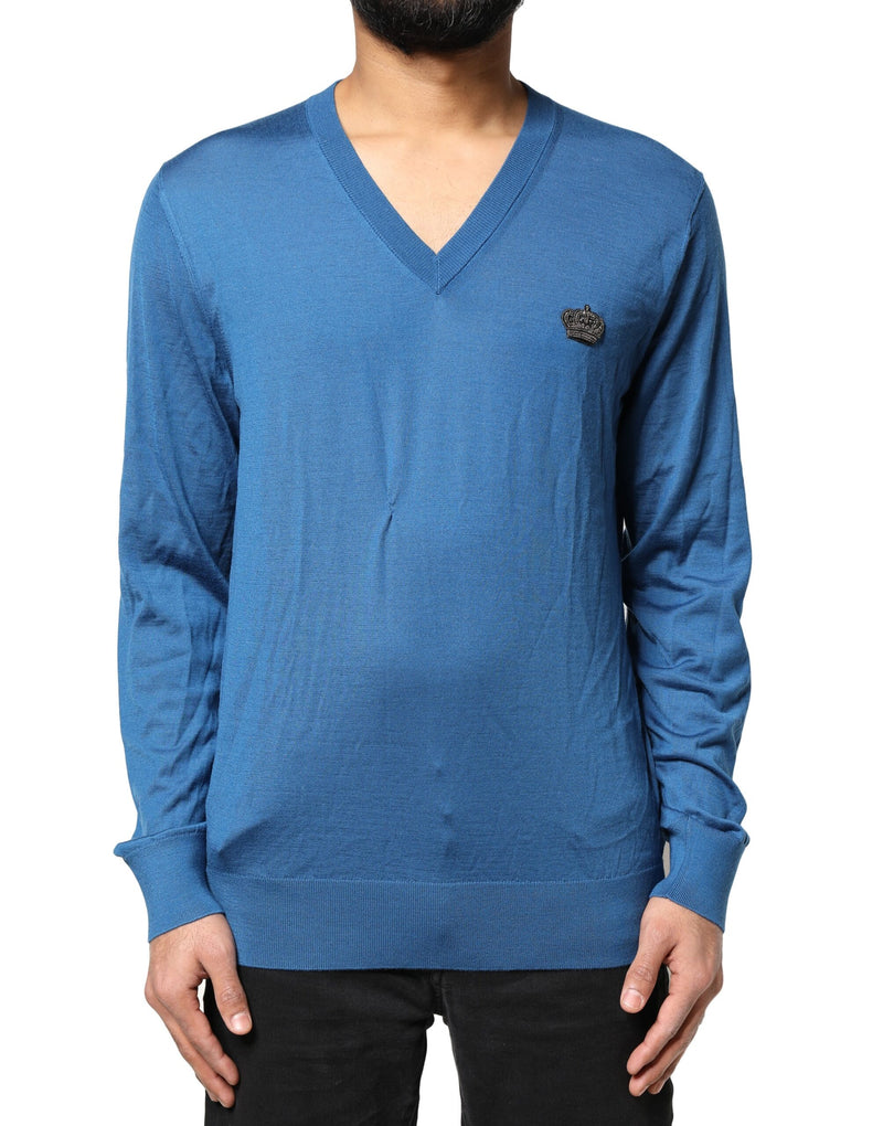 Pull en cachemire bleu à col en V avec couronne de Dolce &amp; Gabbana