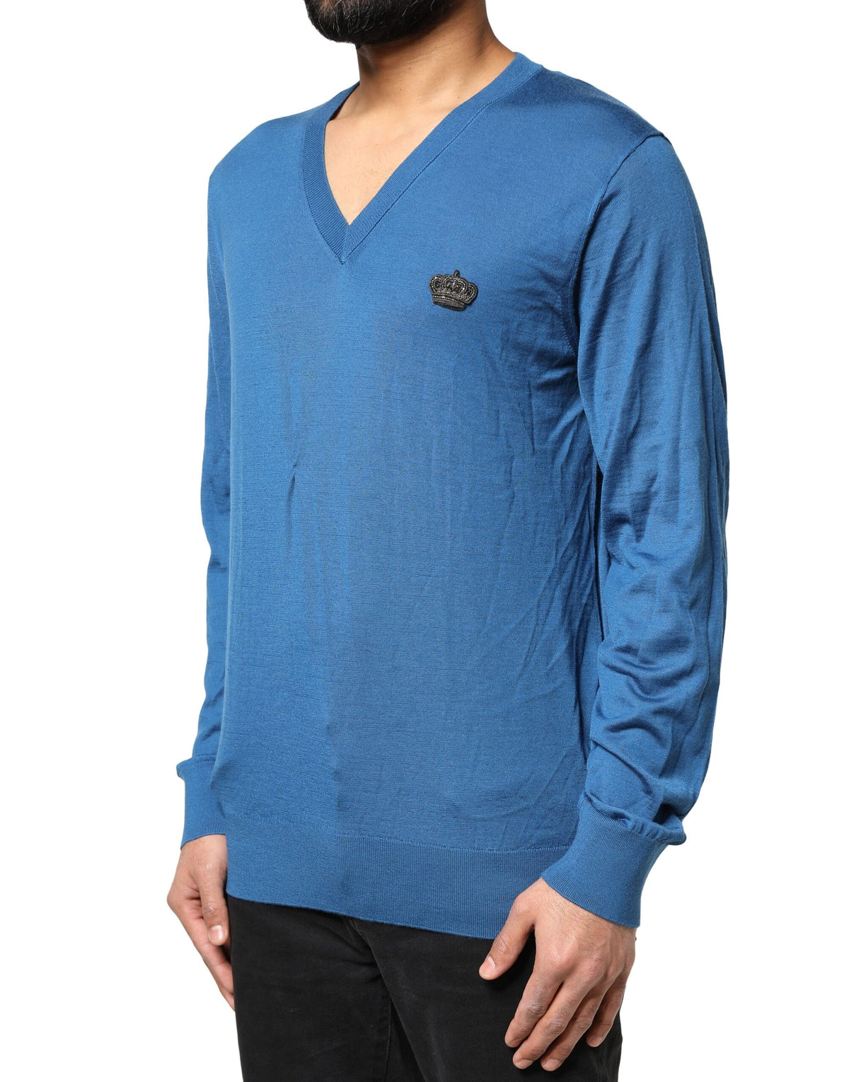 Pull en cachemire bleu à col en V avec couronne de Dolce &amp; Gabbana