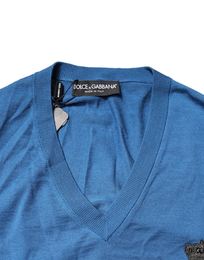 Dolce & Gabbana Blue Cashmere Crown V-neck Pullover Sweater