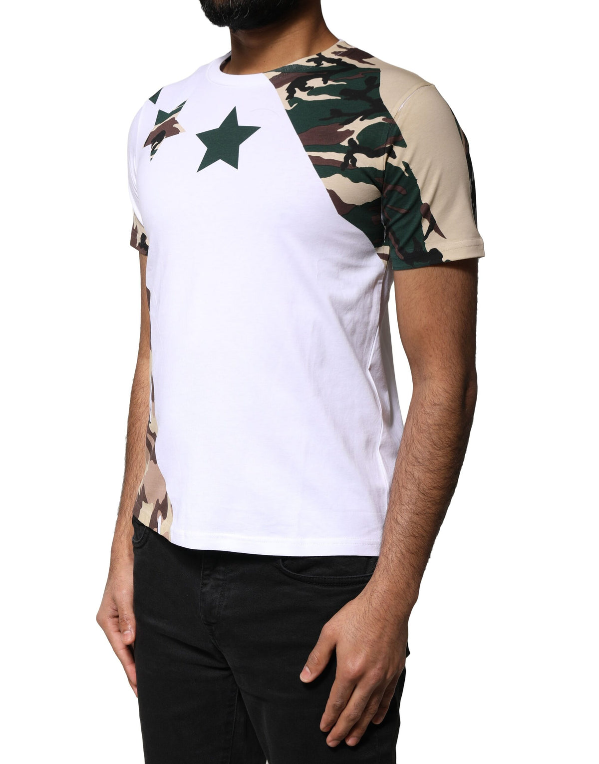 T-shirt à col rond blanc à motifs camouflage et étoiles de Dolce &amp; Gabbana