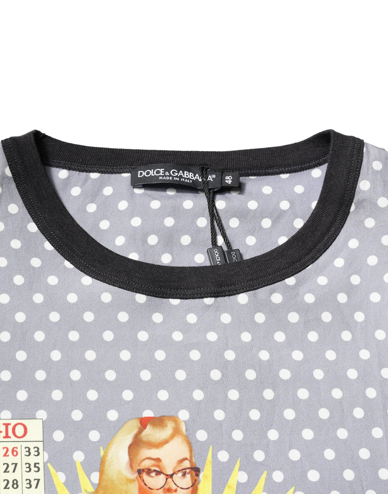 Dolce &amp; Gabbana grijs t-shirt met pint-up print en ronde hals, voorzien van polkadotmotief.
