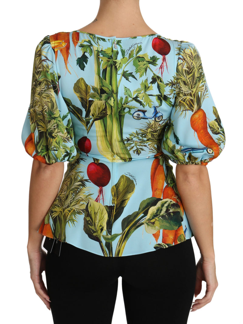 Dolce &amp; Gabbana Top en soie imprimé légumes multicolores, blouse péplum cache-cœur