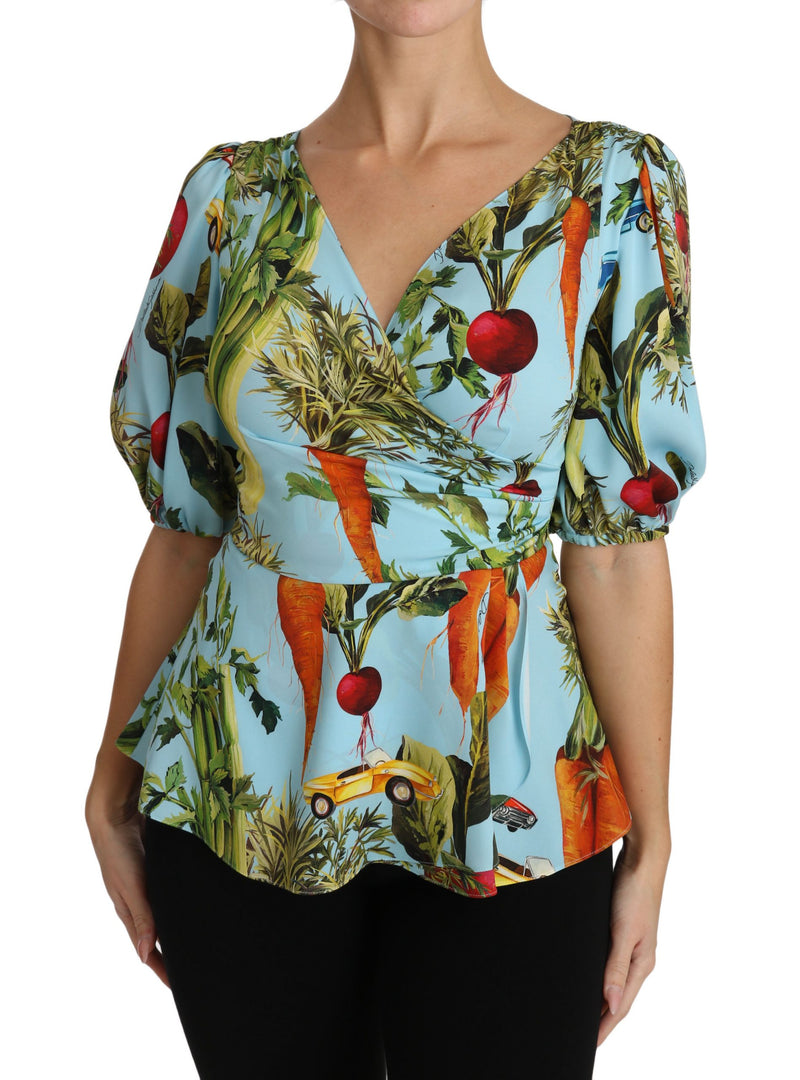 Dolce &amp; Gabbana Top en soie imprimé légumes multicolores, blouse péplum cache-cœur
