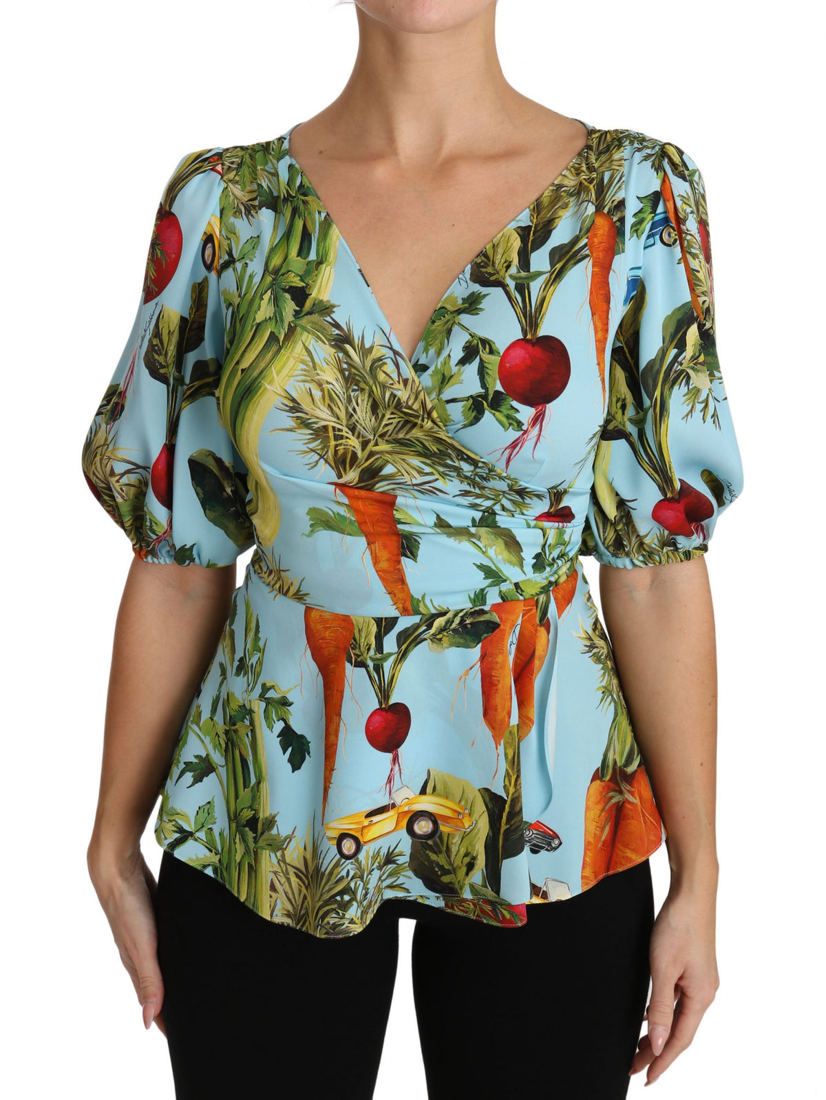 Dolce &amp; Gabbana Top en soie imprimé légumes multicolores, blouse péplum cache-cœur