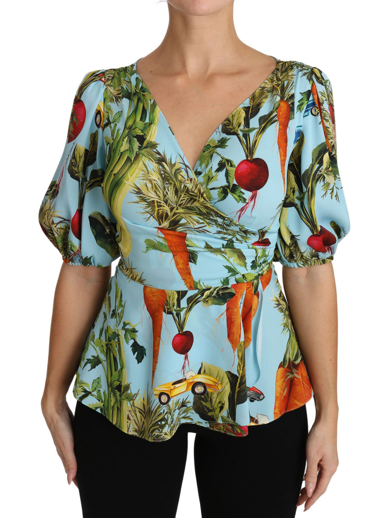 Dolce &amp; Gabbana Top en soie imprimé légumes multicolores, blouse péplum cache-cœur
