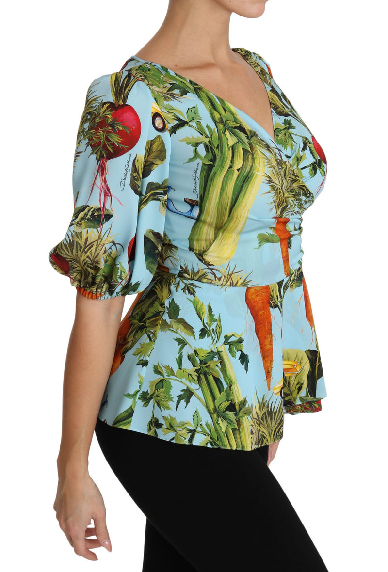 Dolce &amp; Gabbana Top en soie imprimé légumes multicolores, blouse péplum cache-cœur
