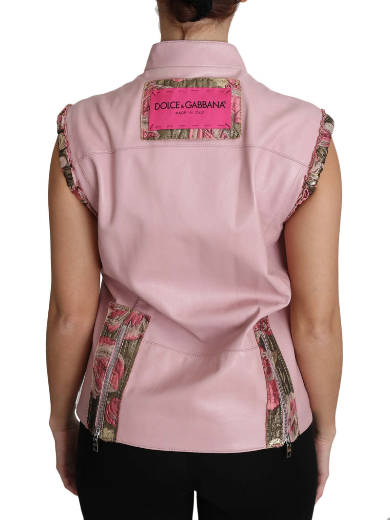 Dolce &amp; Gabbana Veste sans manches en cuir d'agneau rose à fermeture éclair