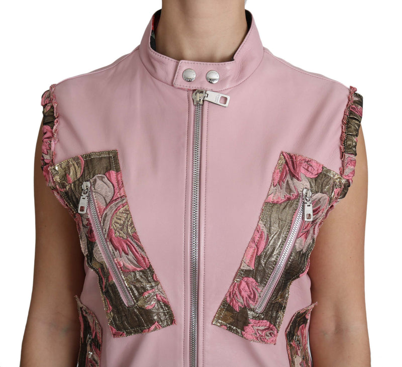 Dolce &amp; Gabbana Veste sans manches en cuir d'agneau rose à fermeture éclair