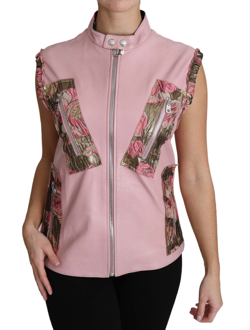 Dolce &amp; Gabbana Veste sans manches en cuir d'agneau rose à fermeture éclair