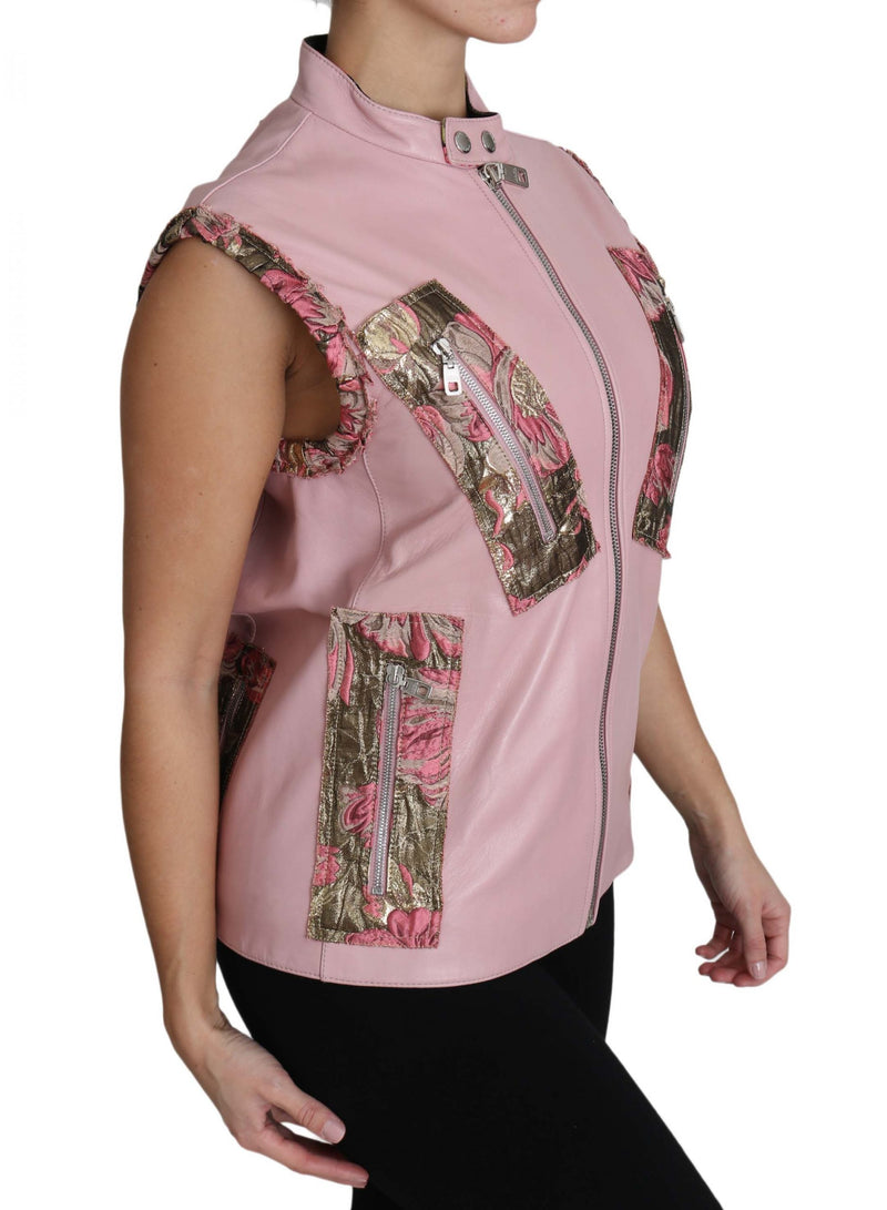 Dolce &amp; Gabbana Veste sans manches en cuir d'agneau rose à fermeture éclair