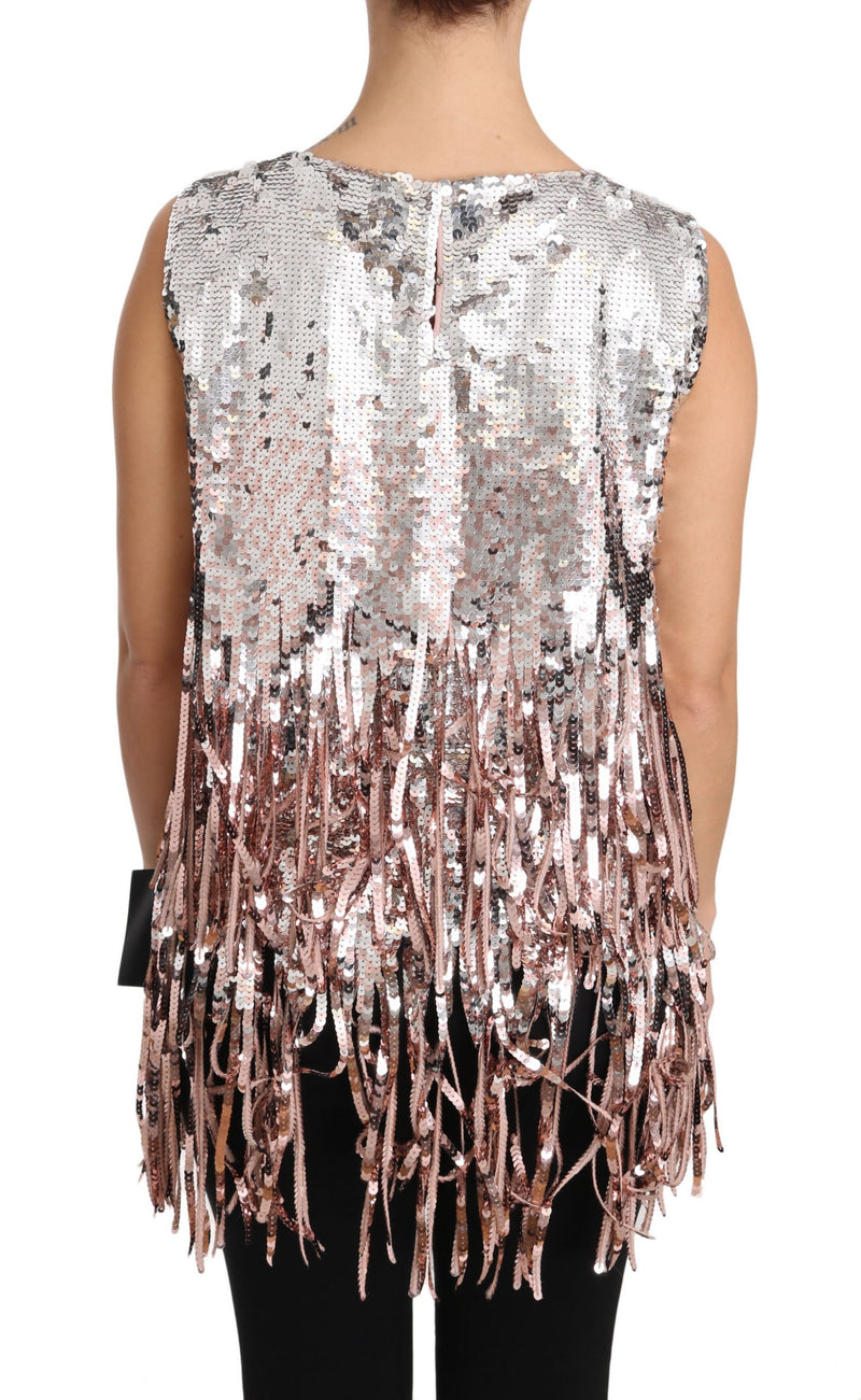Débardeur à franges et sequins rose doré Dolce &amp; Gabbana