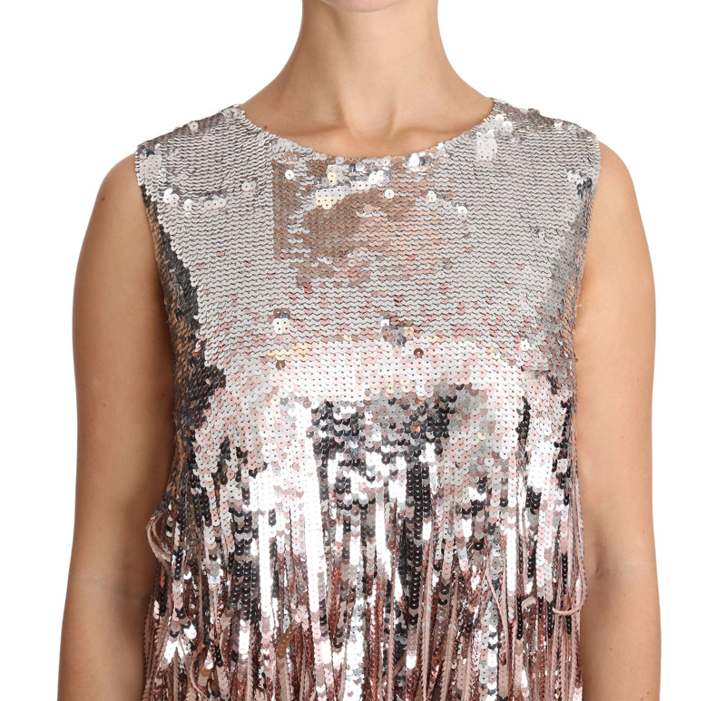 Débardeur à franges et sequins rose doré Dolce &amp; Gabbana