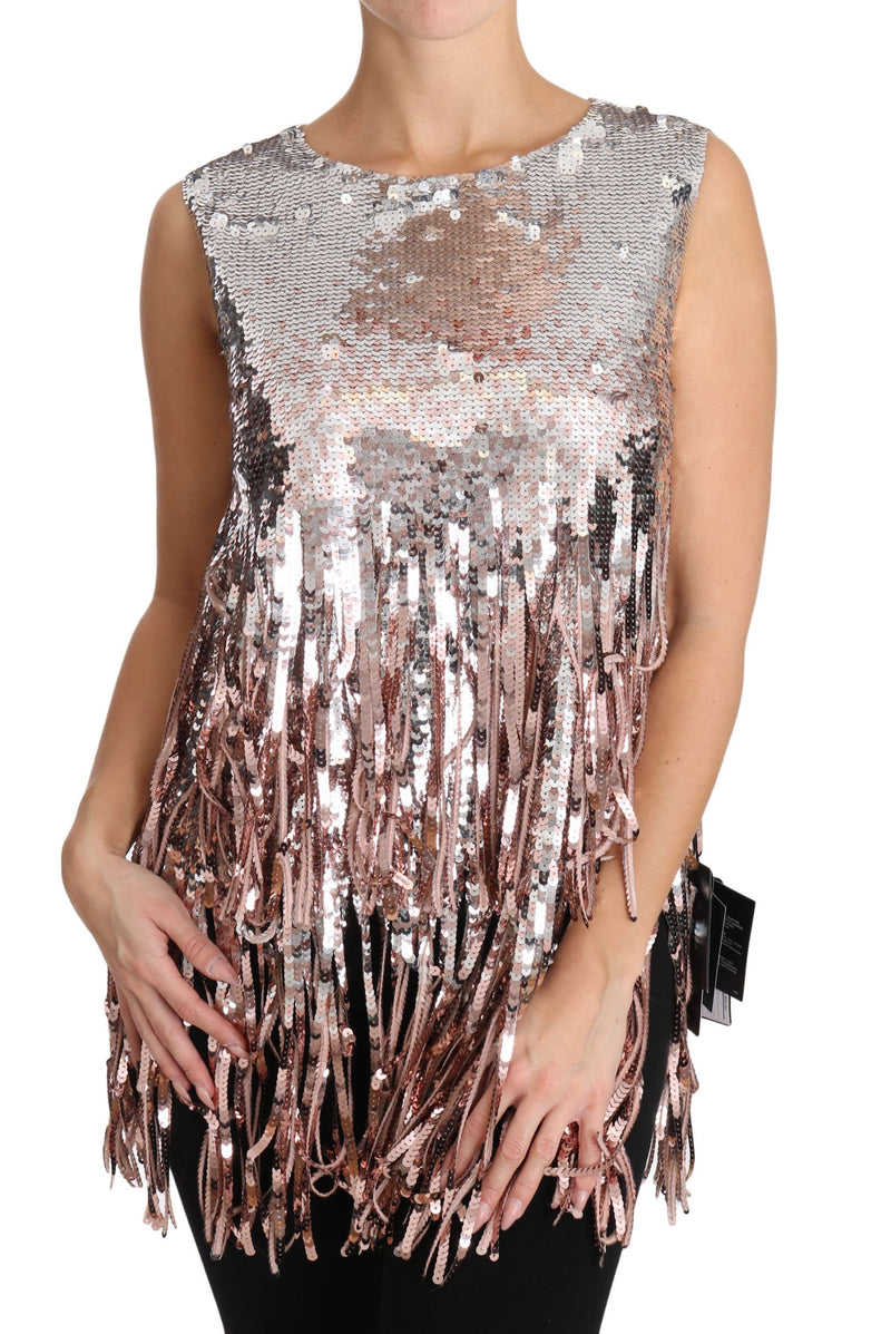 Débardeur à franges et sequins rose doré Dolce &amp; Gabbana