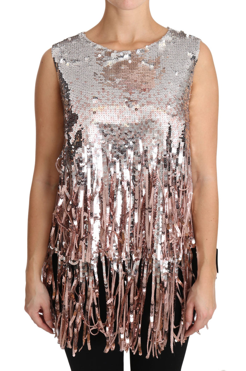 Débardeur à franges et sequins rose doré Dolce &amp; Gabbana