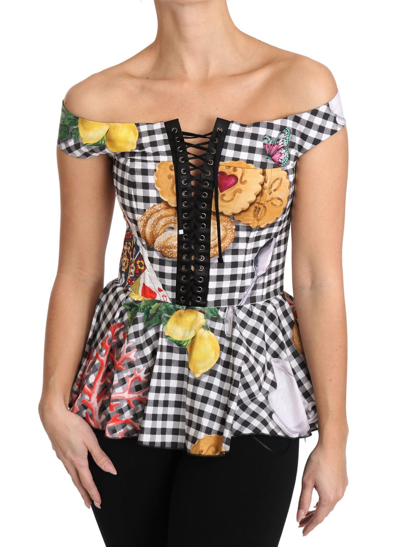 Chemisier corset noir et blanc Dolce &amp; Gabbana, top à carreaux citron Sicile