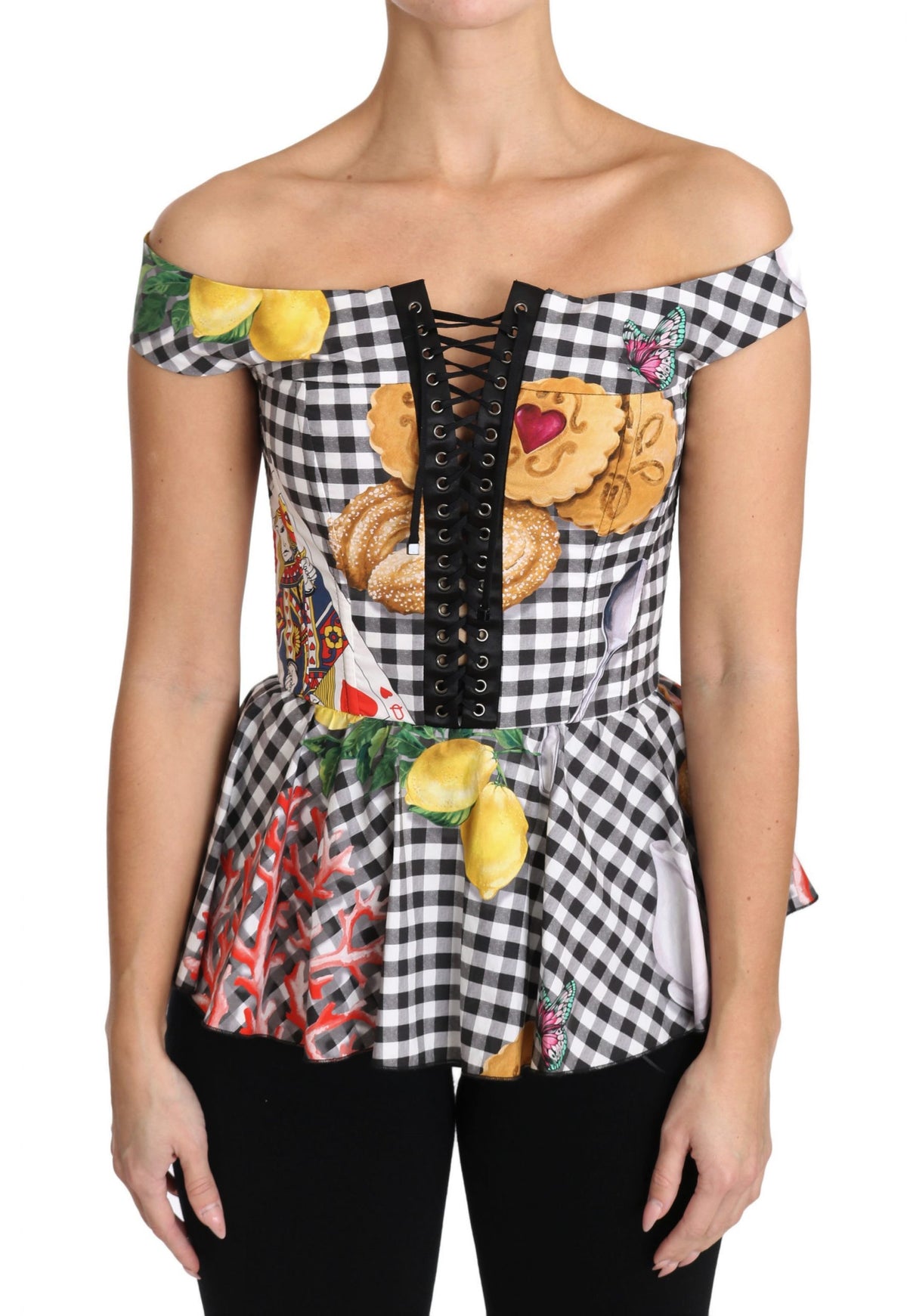 Chemisier corset noir et blanc Dolce &amp; Gabbana, top à carreaux citron Sicile