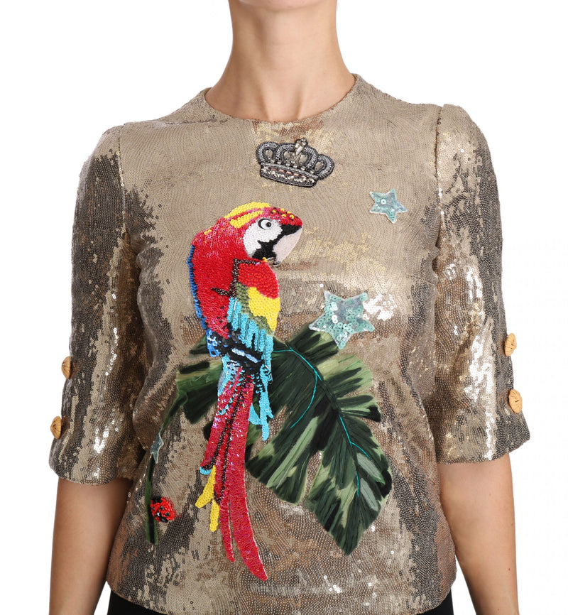 Blouse Dolce &amp; Gabbana dorée à sequins et cristaux perroquet