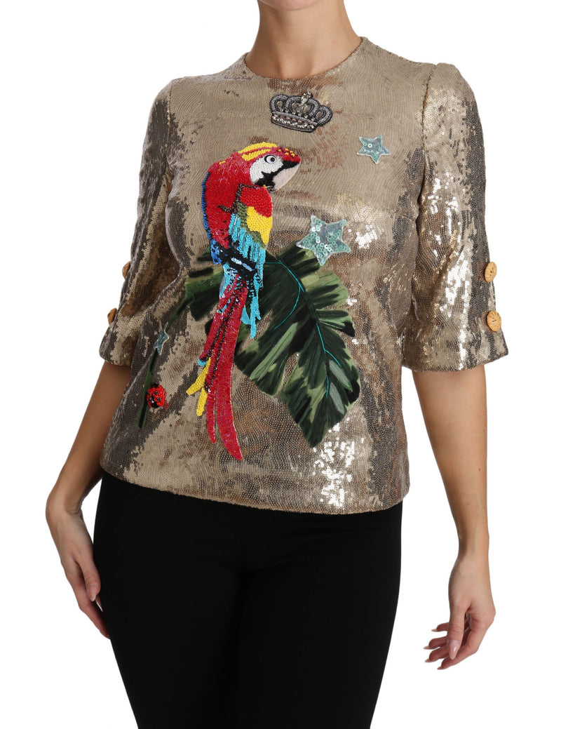 Blouse Dolce &amp; Gabbana dorée à sequins et cristaux perroquet