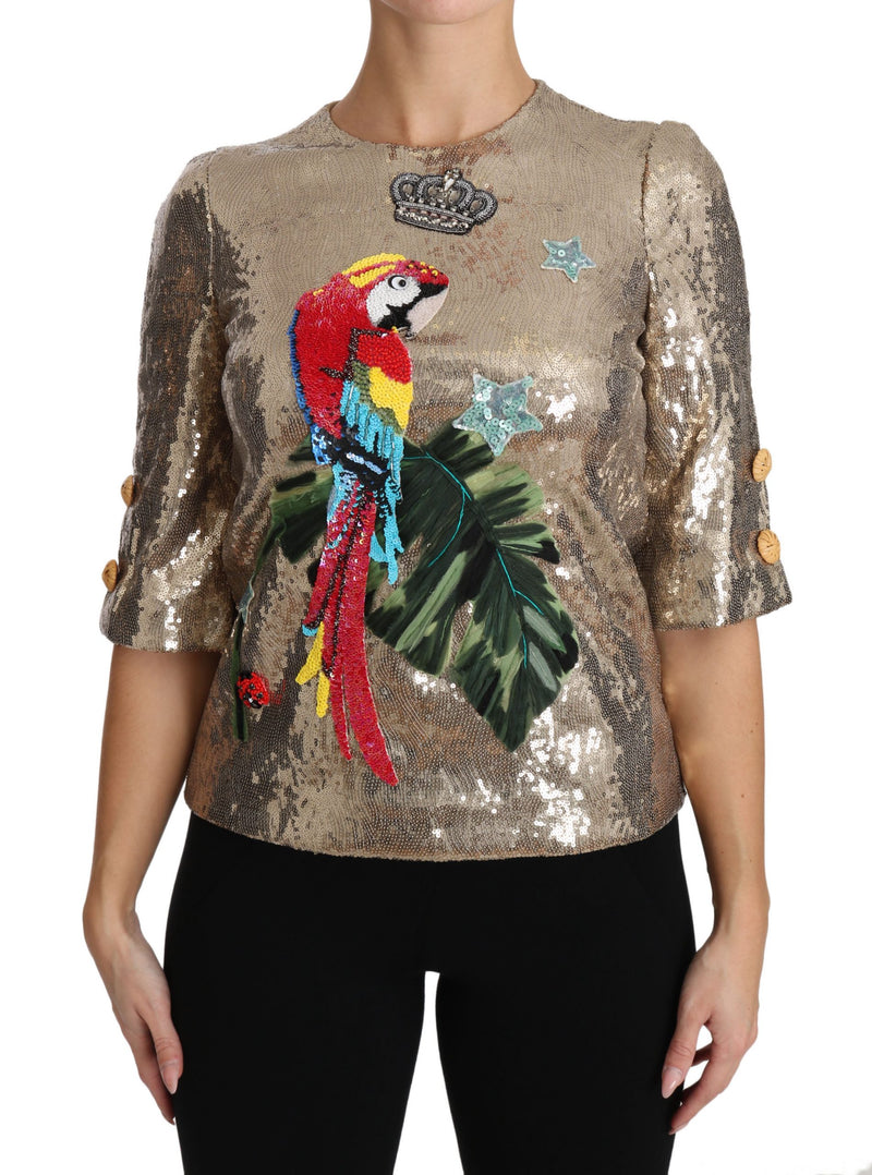 Blouse Dolce &amp; Gabbana dorée à sequins et cristaux perroquet