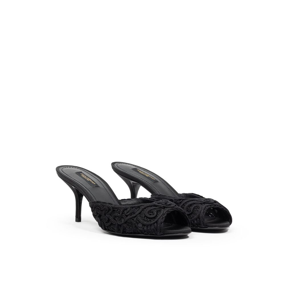 Dolce & Gabbana Sandales en Coton Noir - Mules à Talons Brodés