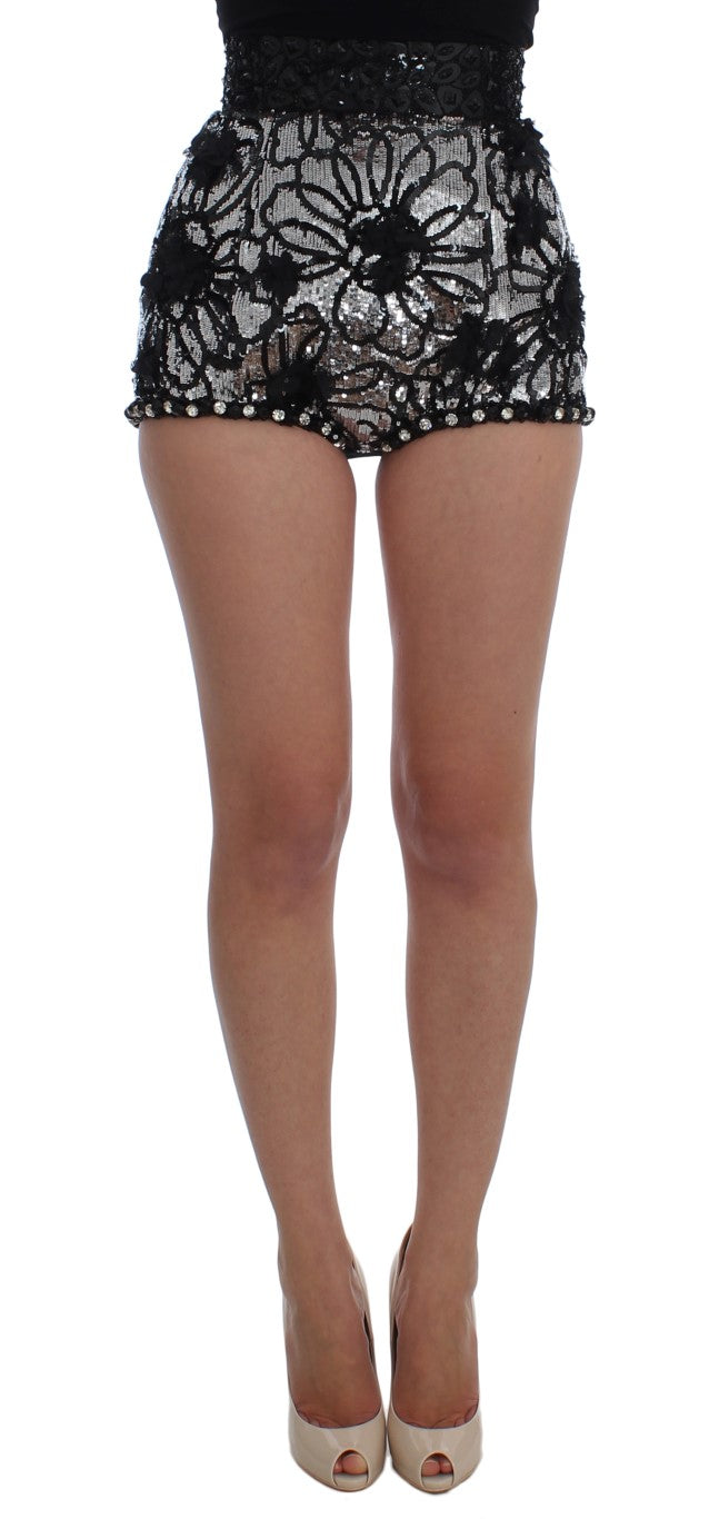 Shorts mini en paillettes de cristal noires Dolce &amp; Gabbana