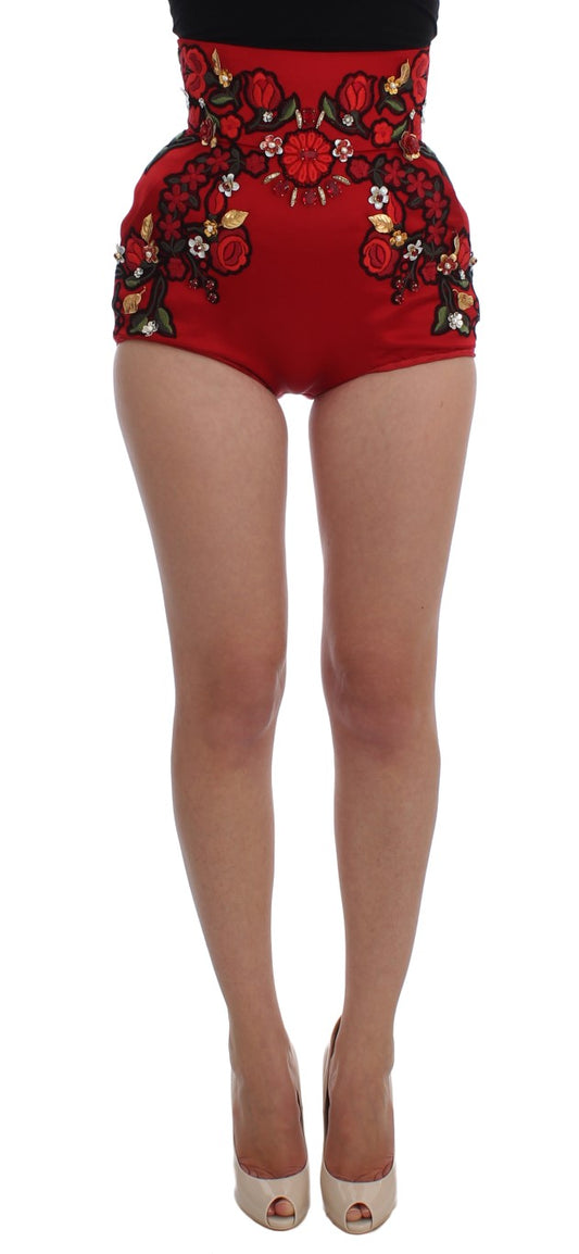 Shorts en soie rouge à motifs roses et cristaux de Dolce & Gabbana