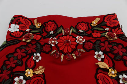 Shorts en soie rouge à motifs roses et cristaux de Dolce & Gabbana