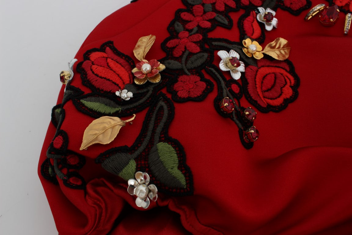 Shorts en soie rouge à motifs roses et cristaux de Dolce & Gabbana