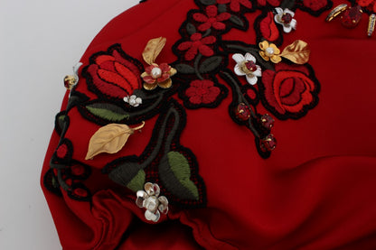 Shorts en soie rouge à motifs roses et cristaux de Dolce & Gabbana
