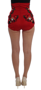 Short en soie rouge à motifs de roses et cristaux de Dolce &amp; Gabbana