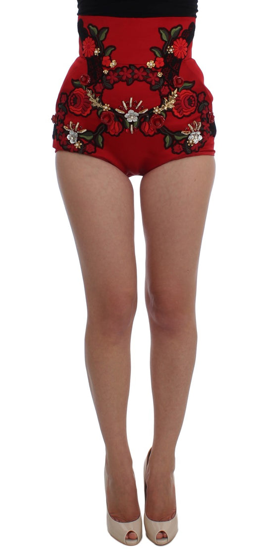 Short en soie rouge à motifs de roses et cristaux de Dolce & Gabbana