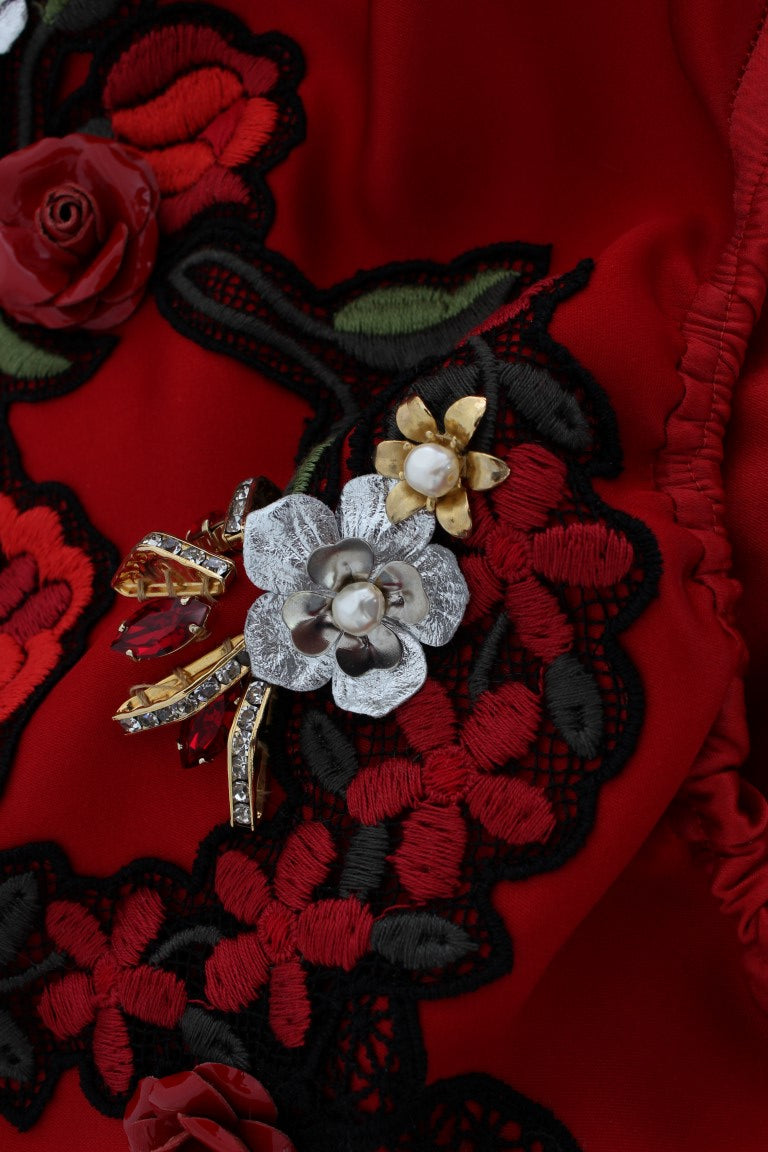 Short en soie rouge à motifs de roses et cristaux de Dolce &amp; Gabbana