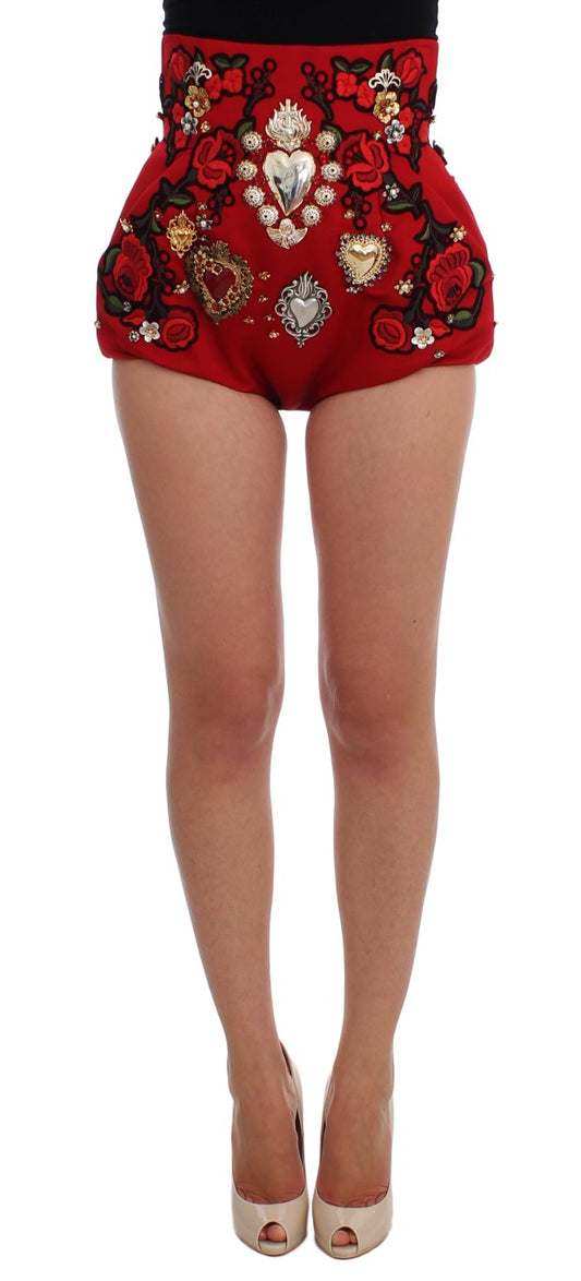 Short en soie rouge à motifs de roses et cristaux de Dolce & Gabbana