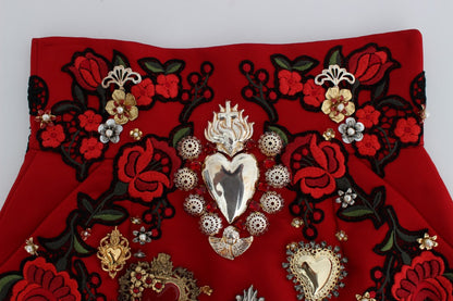 Short en soie rouge à motifs de roses et cristaux de Dolce & Gabbana