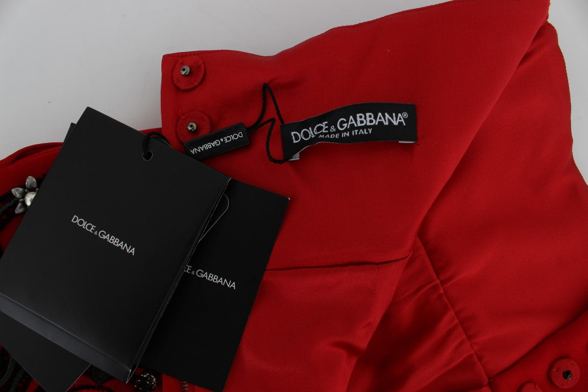 Short en soie rouge à motifs de roses et cristaux de Dolce & Gabbana
