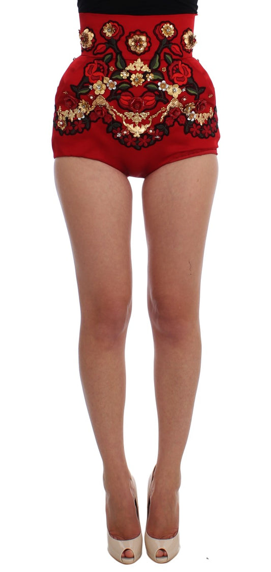 Short en soie rouge à motifs de roses et cristaux de Dolce & Gabbana