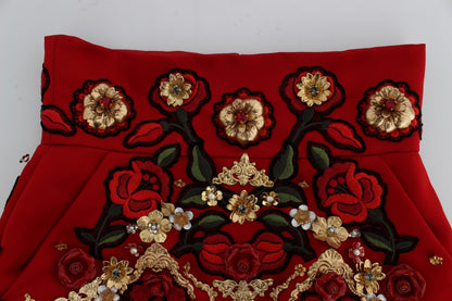 Short en soie rouge à motifs de roses et cristaux de Dolce & Gabbana