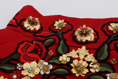 Short en soie rouge à motifs de roses et cristaux de Dolce & Gabbana