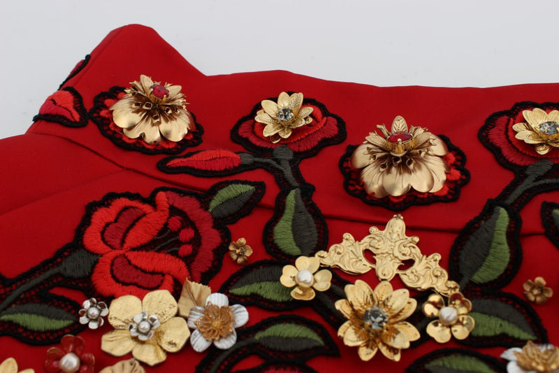 Short en soie rouge à motifs de roses et cristaux de Dolce &amp; Gabbana