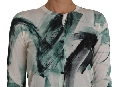 Cardigan en soie blanche Dolce & Gabbana, pull léger à motifs de coups de pinceau