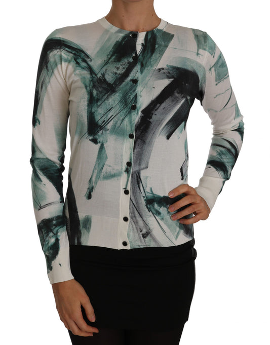 Cardigan en soie blanche Dolce & Gabbana, pull léger à motifs de coups de pinceau