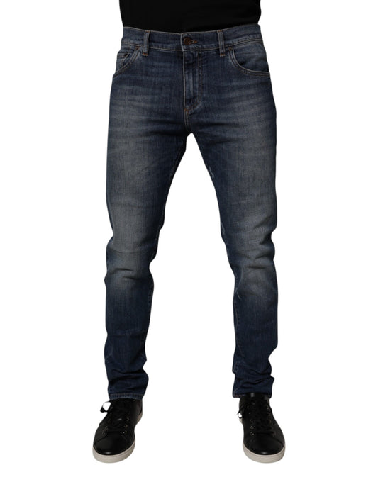 Dolce & Gabbana Dark Blue Cotton Leather Skinny Denim Jeans