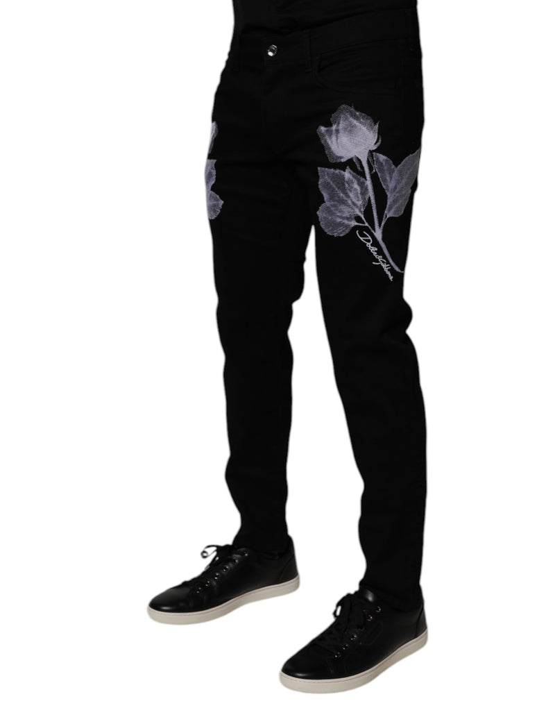 Jean skinny en coton noir à motifs floraux pour homme de Dolce &amp; Gabbana
