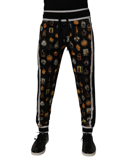 Dolce &amp; Gabbana Zwarte Zijden Joggingbroek met Religieuze Print voor Heren