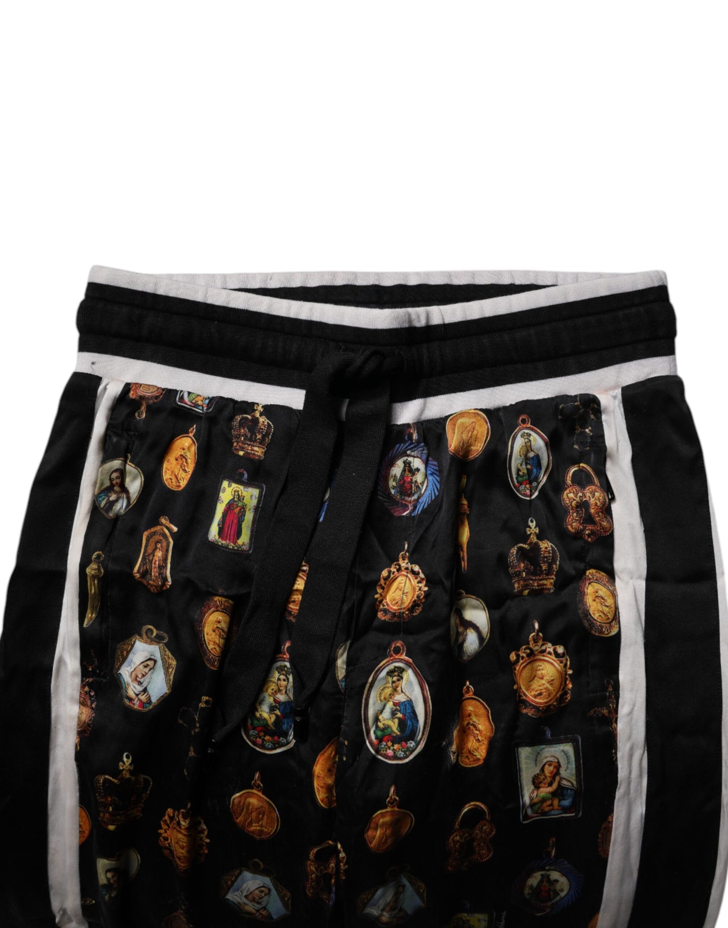 Dolce & Gabbana Black Religious Print Silk Men Jogger Pants