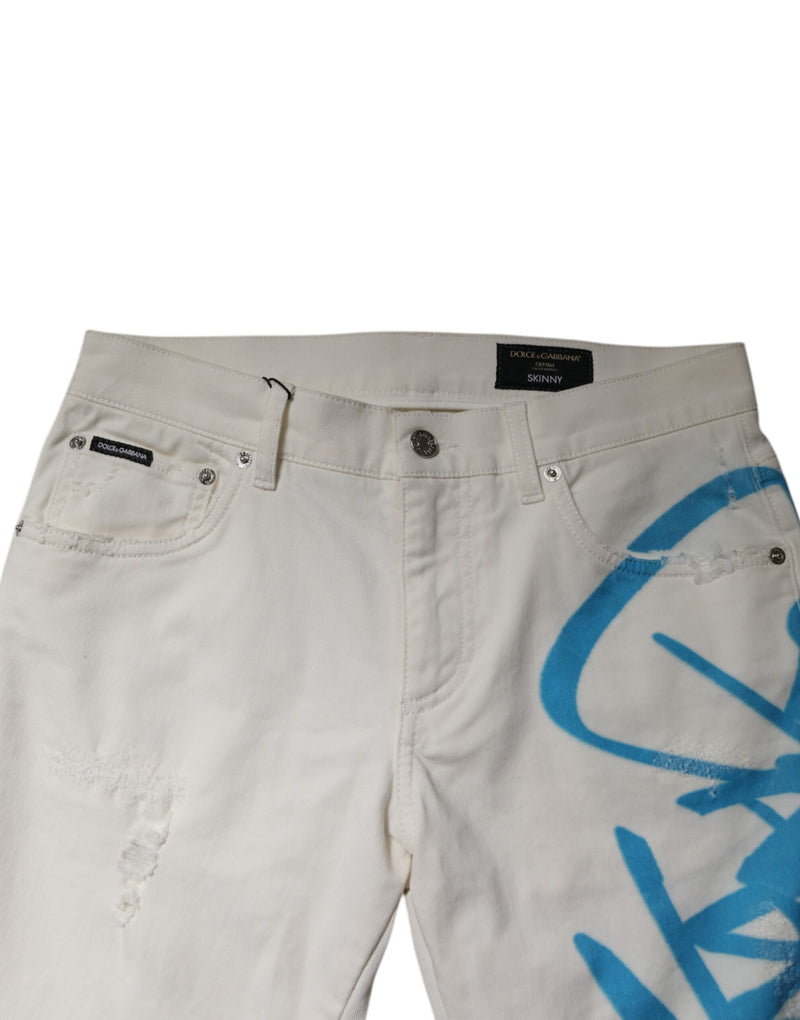 Dolce & Gabbana White Tattered Graffiti Skinny Denim Jeans